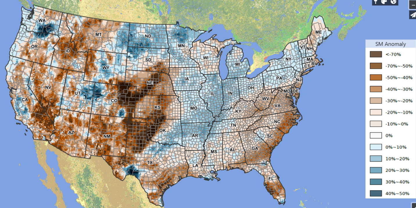 Soil moisture anomaly as measured by satellite by Crop-CASMA (Crop Condition and Soil Moisture Analytics), funded by NASA and USDA-NASS.